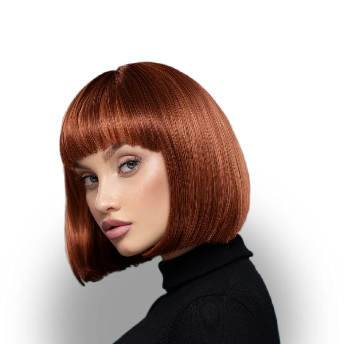 White female model with red hair cut into a bob with bangs wearing a black turtle neck top posing against white background.